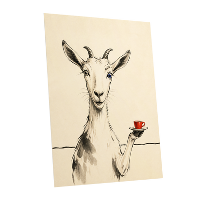 The Goat's Coffee Break, beige, black, gray nature wall art shown as a unframed poster wall art print