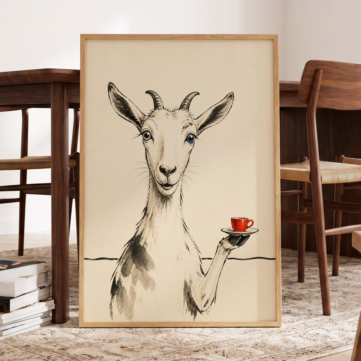 The Goat's Coffee Break, beige, black, gray nature wall art displayed in a styled interior, gallery view 2