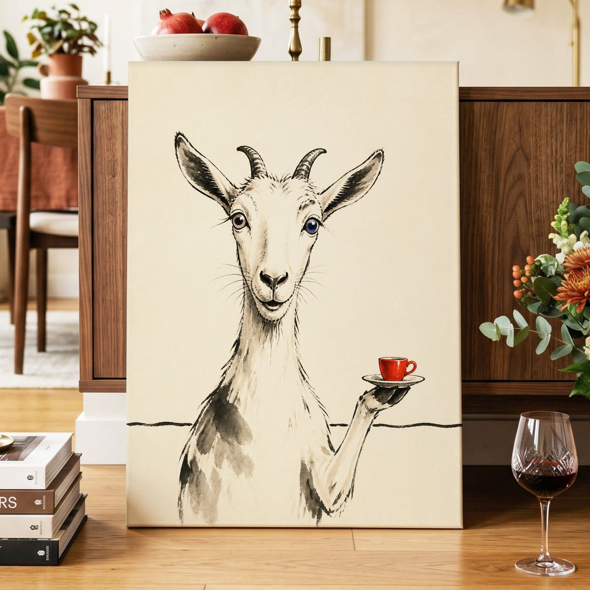 The Goat's Coffee Break, beige, black, gray nature wall art displayed in a styled interior, gallery view 3