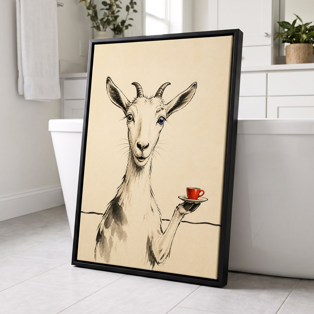 The Goat's Coffee Break, beige, black, gray nature wall art displayed in a styled interior, gallery view 4