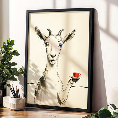 The Goat's Coffee Break, beige, black, gray nature wall art displayed in a styled interior, gallery view 6