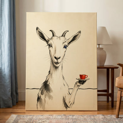 The Goat's Coffee Break, beige, black, gray nature wall art displayed in a styled interior, gallery view 7