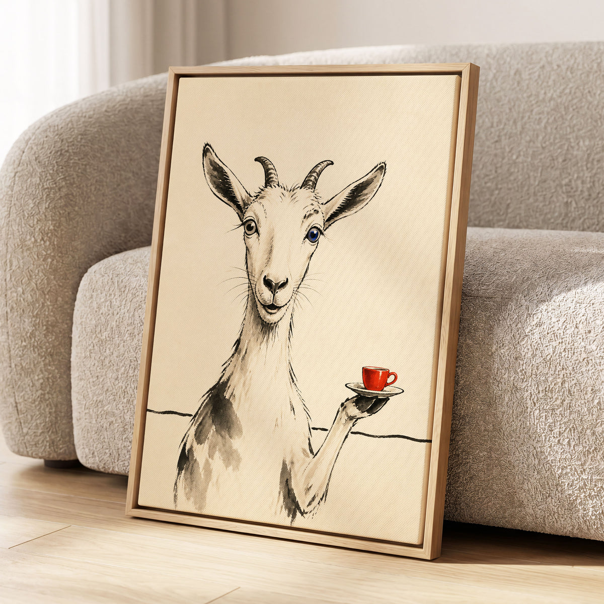 The Goat's Coffee Break, beige, black, gray nature wall art displayed in a styled interior, gallery view 8