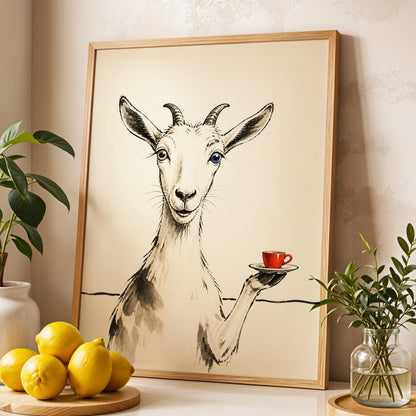 The Goat's Coffee Break, beige, black, gray nature wall art displayed in a styled interior, gallery view 9
