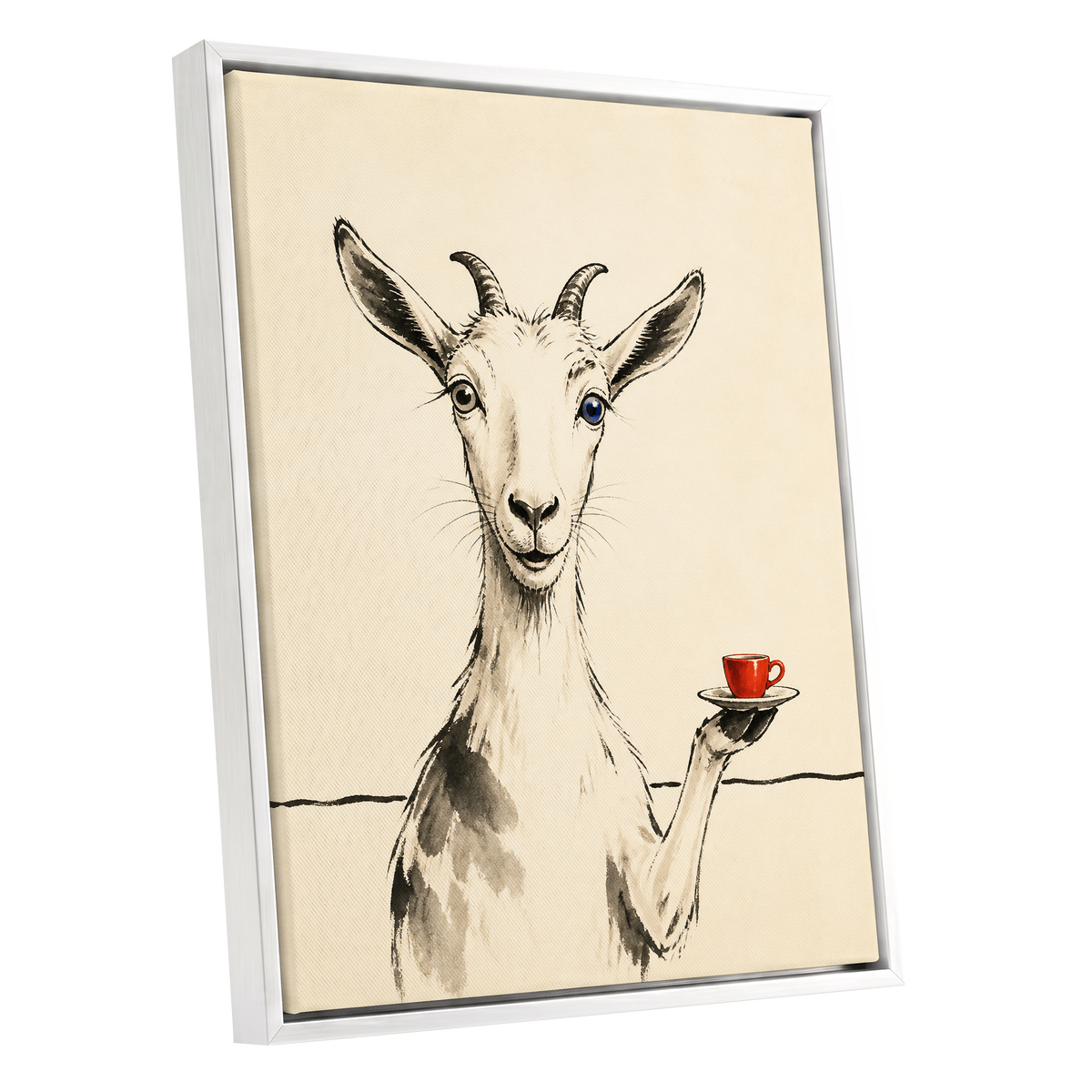The Goat's Coffee Break, beige, black, gray nature wall art shown as a white framed canvas wall art