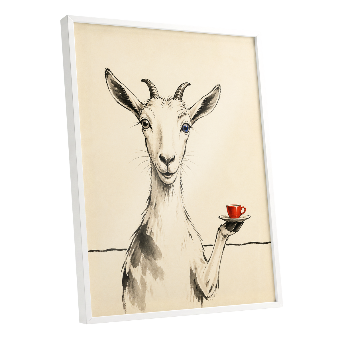 The Goat's Coffee Break, beige, black, gray nature wall art shown as a white framed poster wall art print