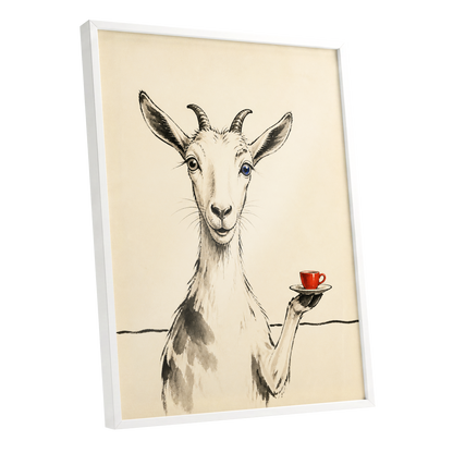 The Goat's Coffee Break, beige, black, gray nature wall art shown as a white framed poster wall art print
