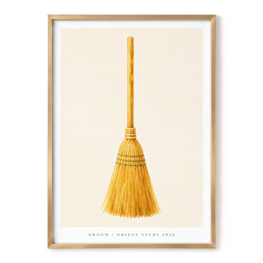 The Golden Broom, gold, beige, green minimalist wall art, front artwork view