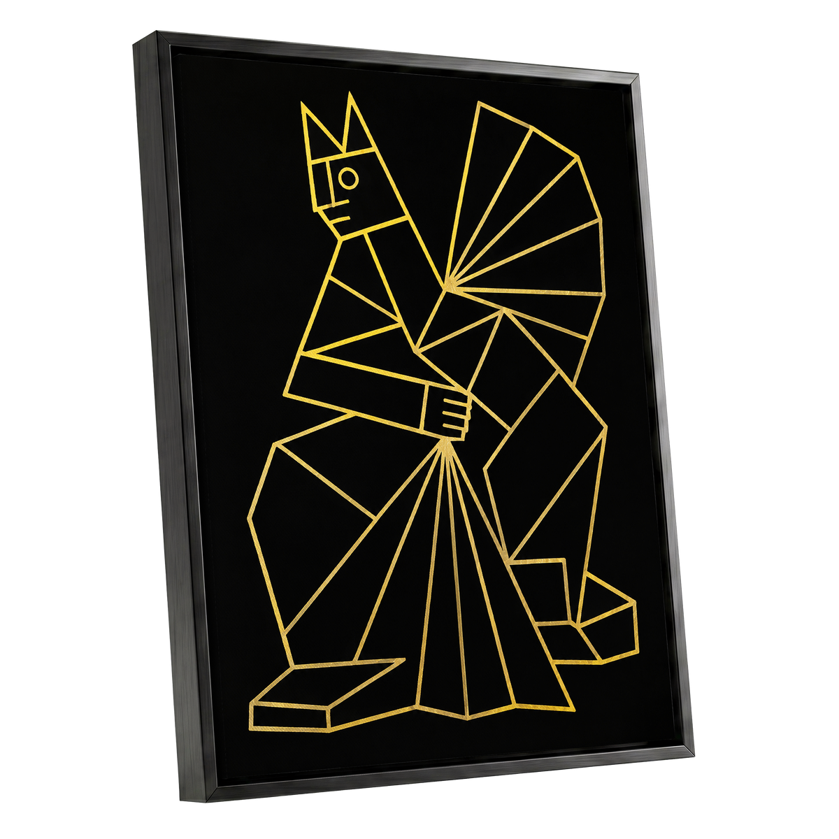 The Golden Construct, black, gold, yellow abstract wall art shown as a black framed canvas wall art
