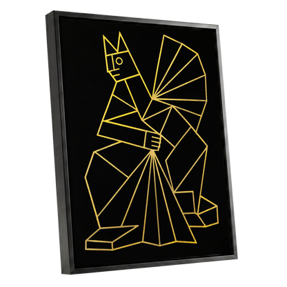 The Golden Construct, black, gold, yellow abstract wall art shown as a black framed canvas wall art