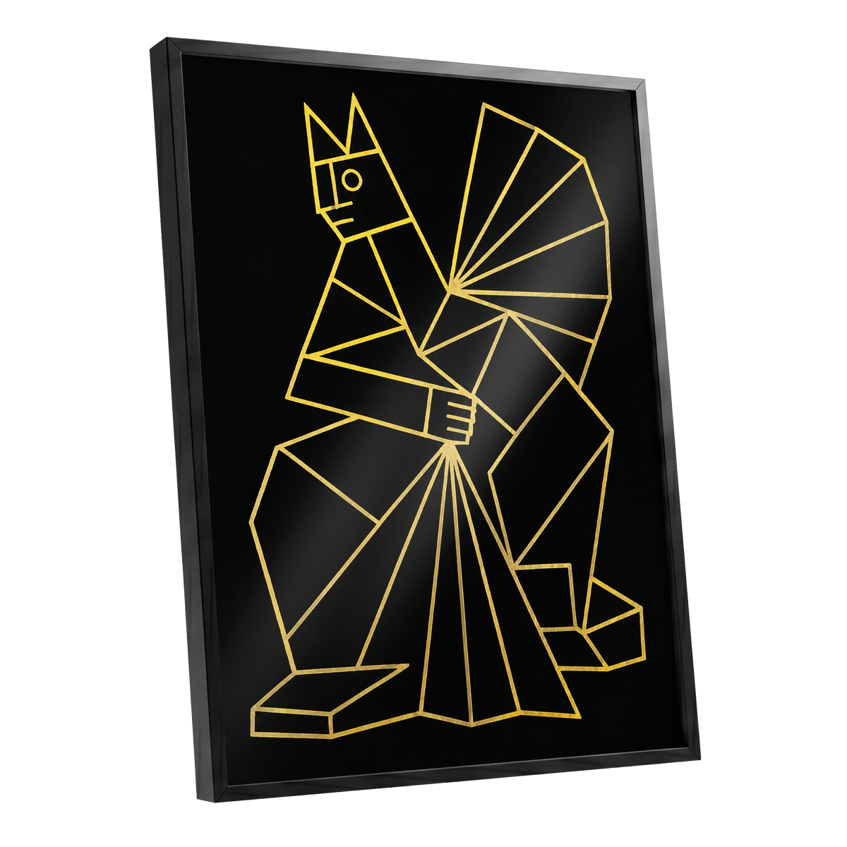The Golden Construct, black, gold, yellow abstract wall art shown as a black framed poster wall art print