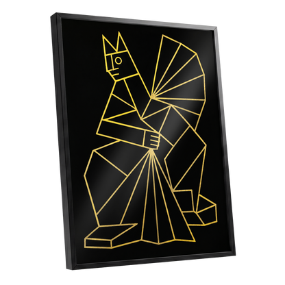 The Golden Construct, black, gold, yellow abstract wall art shown as a black framed poster wall art print