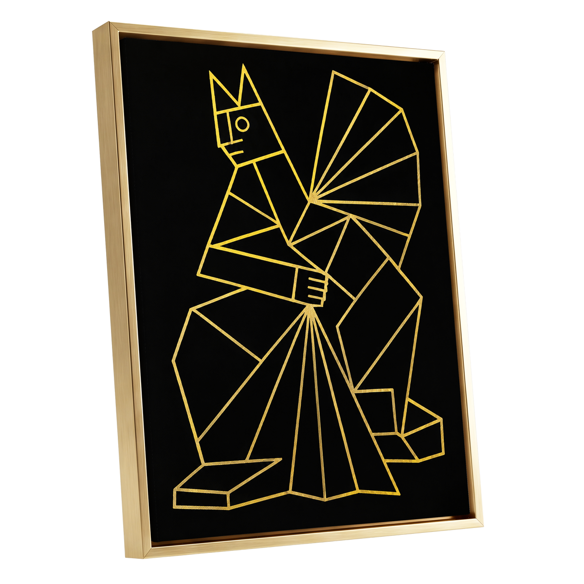 The Golden Construct, black, gold, yellow abstract wall art shown as a gold framed canvas wall art