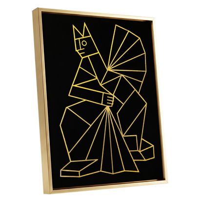 The Golden Construct, black, gold, yellow abstract wall art shown as a gold framed canvas wall art