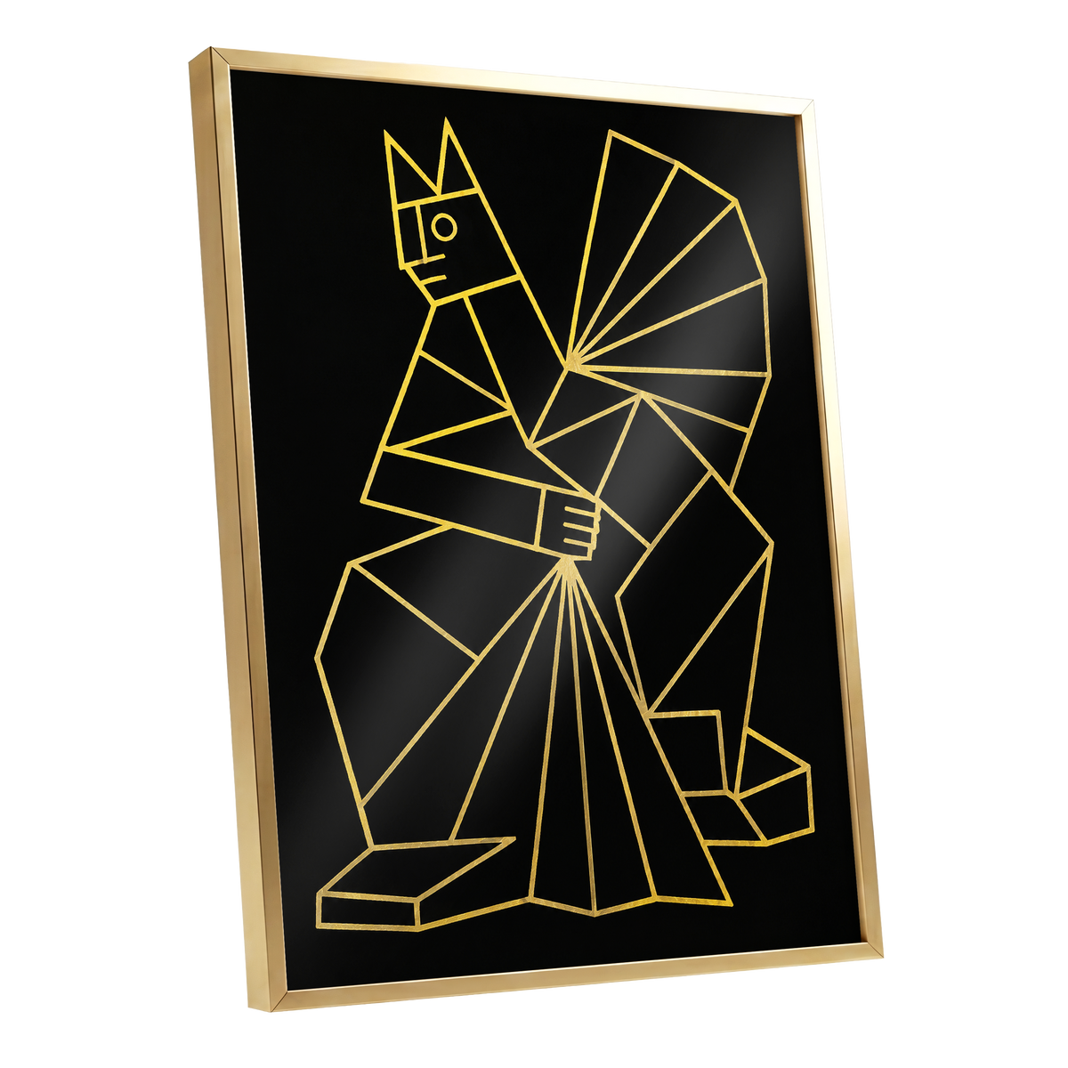 The Golden Construct, black, gold, yellow abstract wall art shown as a gold framed poster wall art print