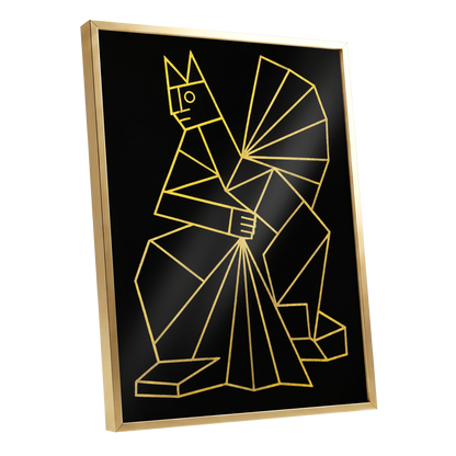 The Golden Construct, black, gold, yellow abstract wall art shown as a gold framed poster wall art print