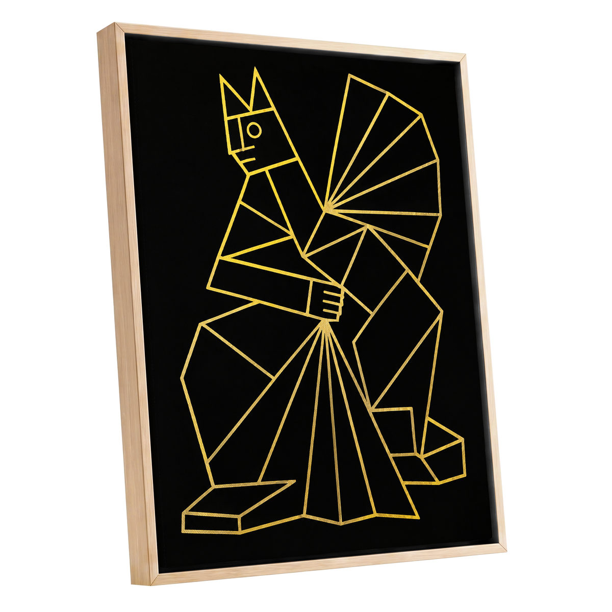 The Golden Construct, black, gold, yellow abstract wall art shown as a oak framed canvas wall art
