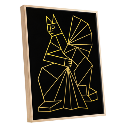 The Golden Construct, black, gold, yellow abstract wall art shown as a oak framed canvas wall art