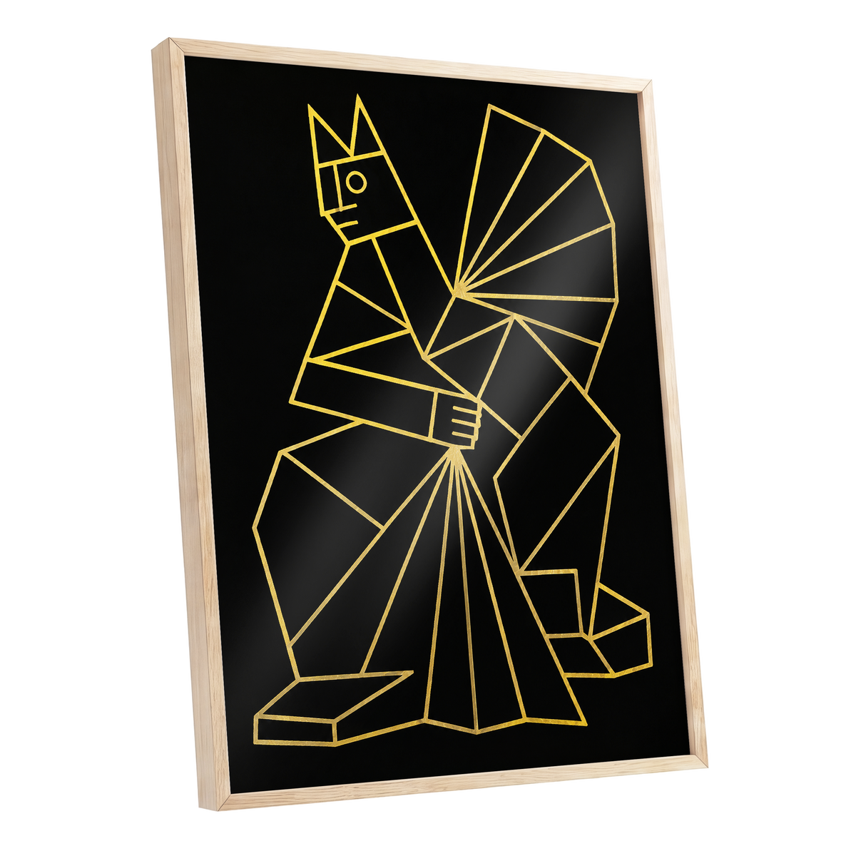 The Golden Construct, black, gold, yellow abstract wall art shown as a oak framed poster wall art print