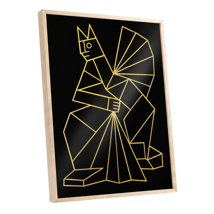 The Golden Construct, black, gold, yellow abstract wall art shown as a oak framed poster wall art print