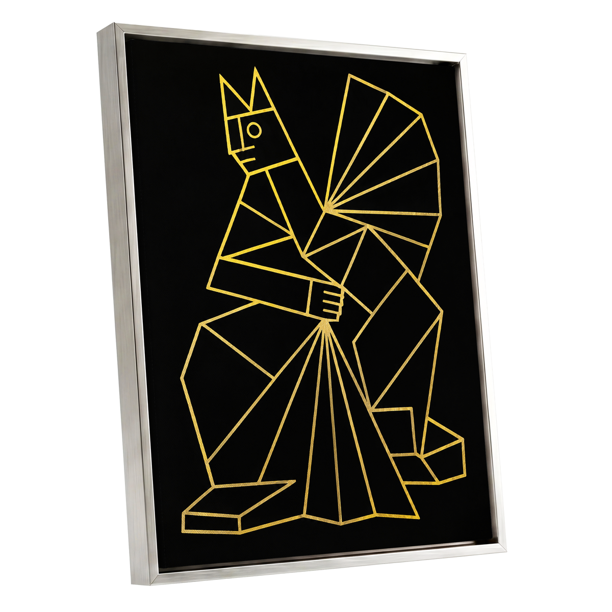 The Golden Construct, black, gold, yellow abstract wall art shown as a silver framed canvas wall art