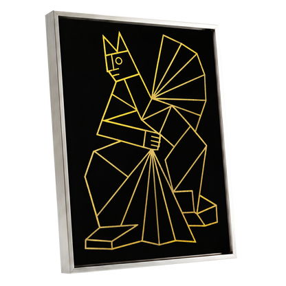 The Golden Construct, black, gold, yellow abstract wall art shown as a silver framed canvas wall art