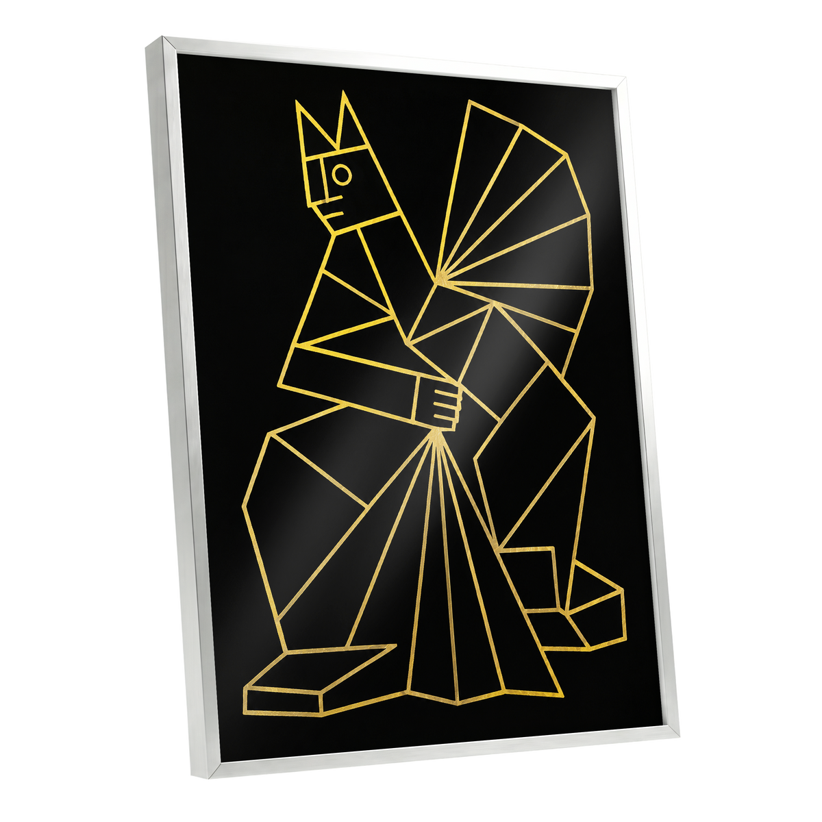 The Golden Construct, black, gold, yellow abstract wall art shown as a silver framed poster wall art print