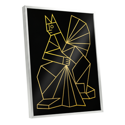 The Golden Construct, black, gold, yellow abstract wall art shown as a silver framed poster wall art print