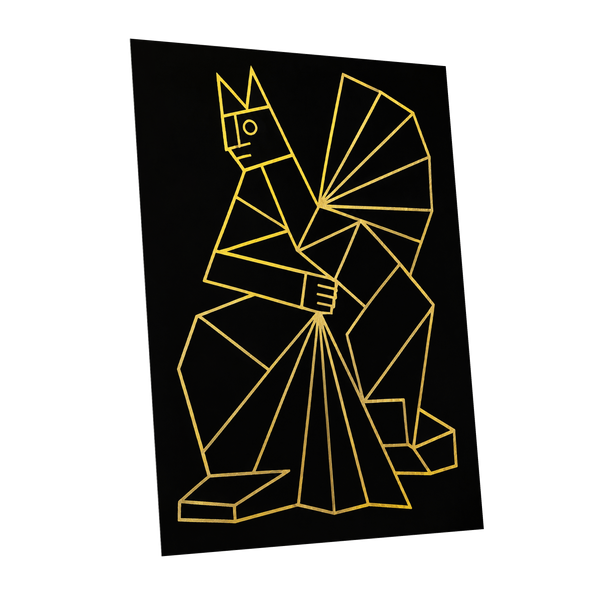 The Golden Construct, black, gold, yellow abstract wall art shown as a unframed poster wall art print