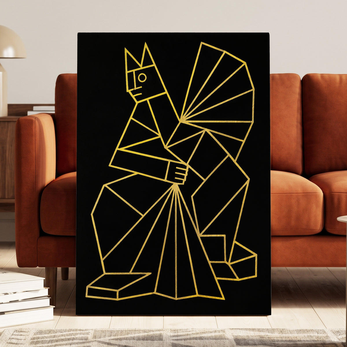 The Golden Construct, black, gold, yellow abstract wall art displayed in a styled interior, gallery view 3