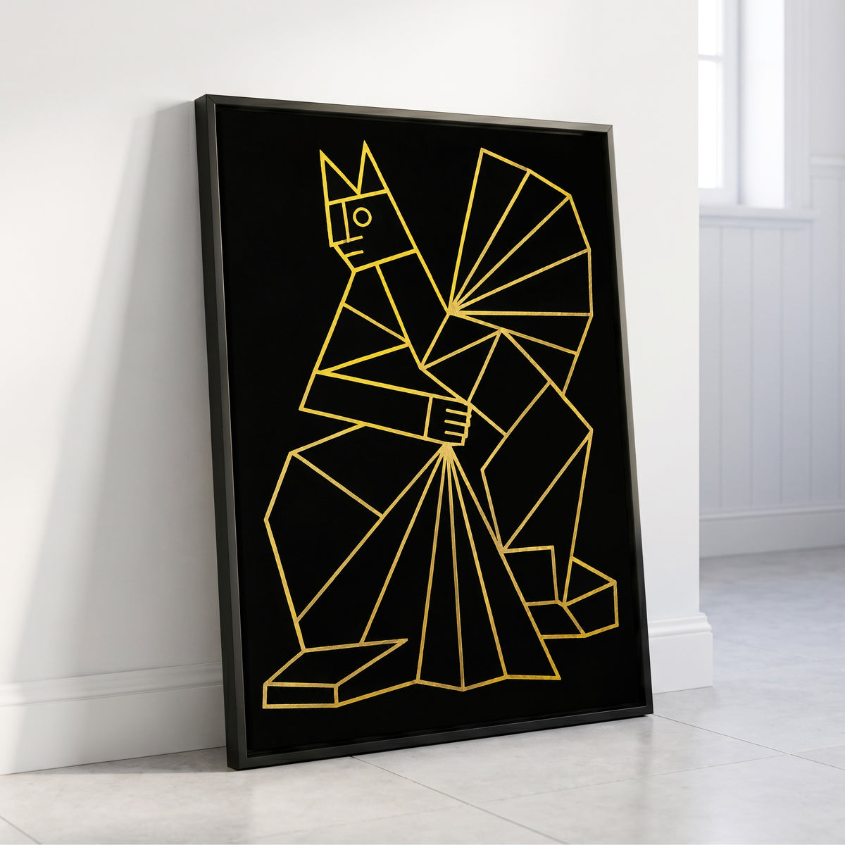 The Golden Construct, black, gold, yellow abstract wall art displayed in a styled interior, gallery view 4