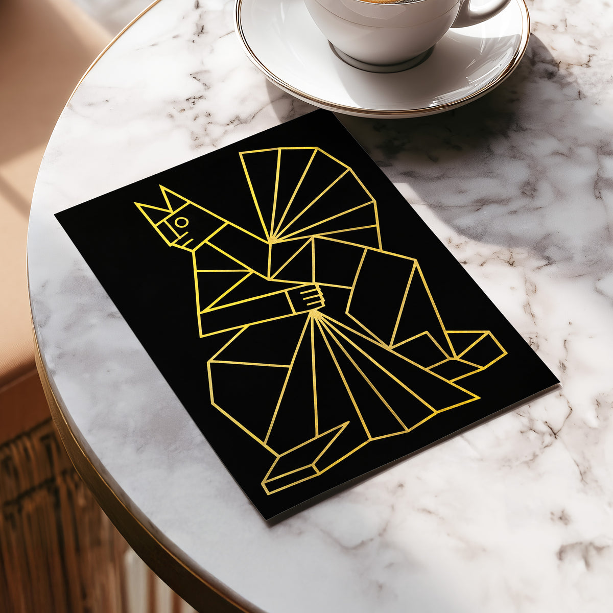 The Golden Construct, black, gold, yellow abstract wall art displayed in a styled interior, gallery view 5