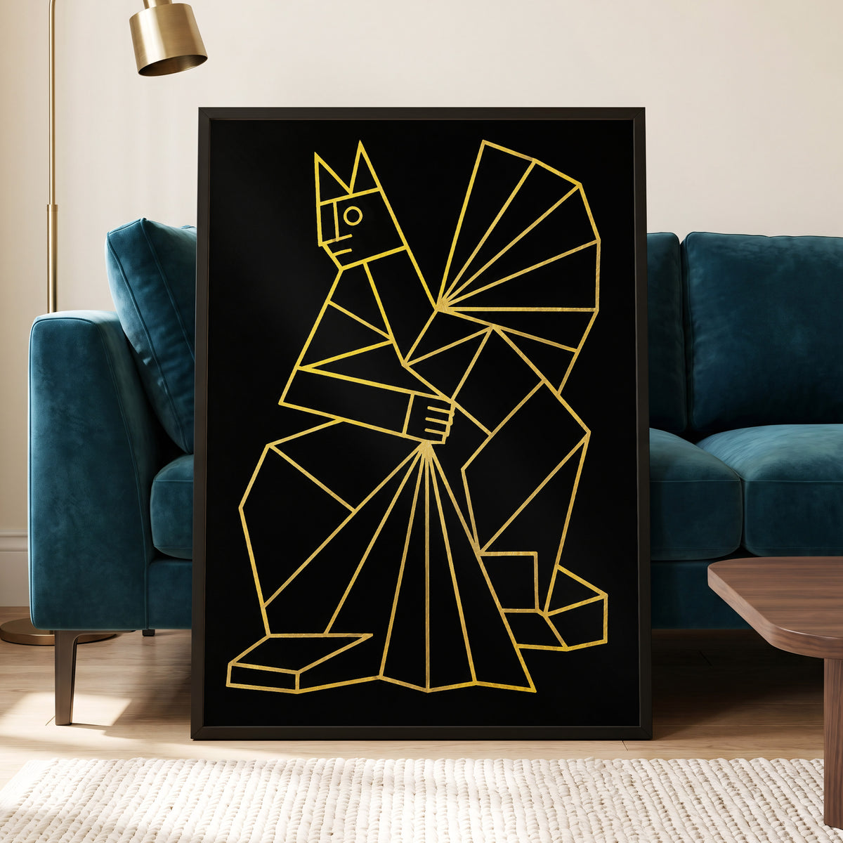 The Golden Construct, black, gold, yellow abstract wall art displayed in a styled interior, gallery view 6