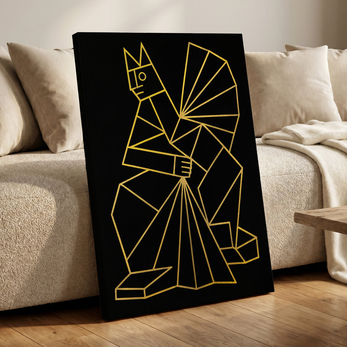 The Golden Construct, black, gold, yellow abstract wall art displayed in a styled interior, gallery view 7