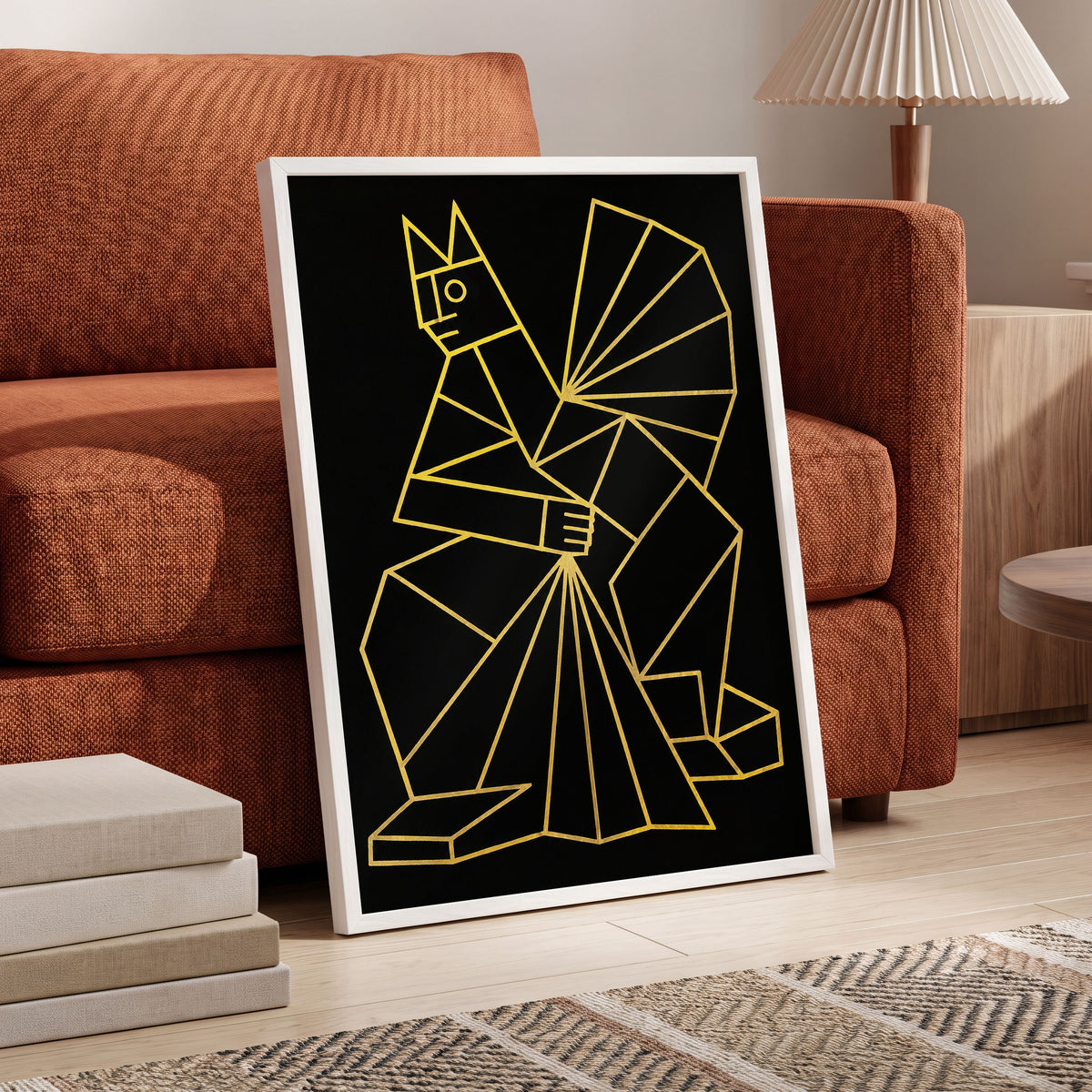 The Golden Construct, black, gold, yellow abstract wall art displayed in a styled interior, gallery view 9