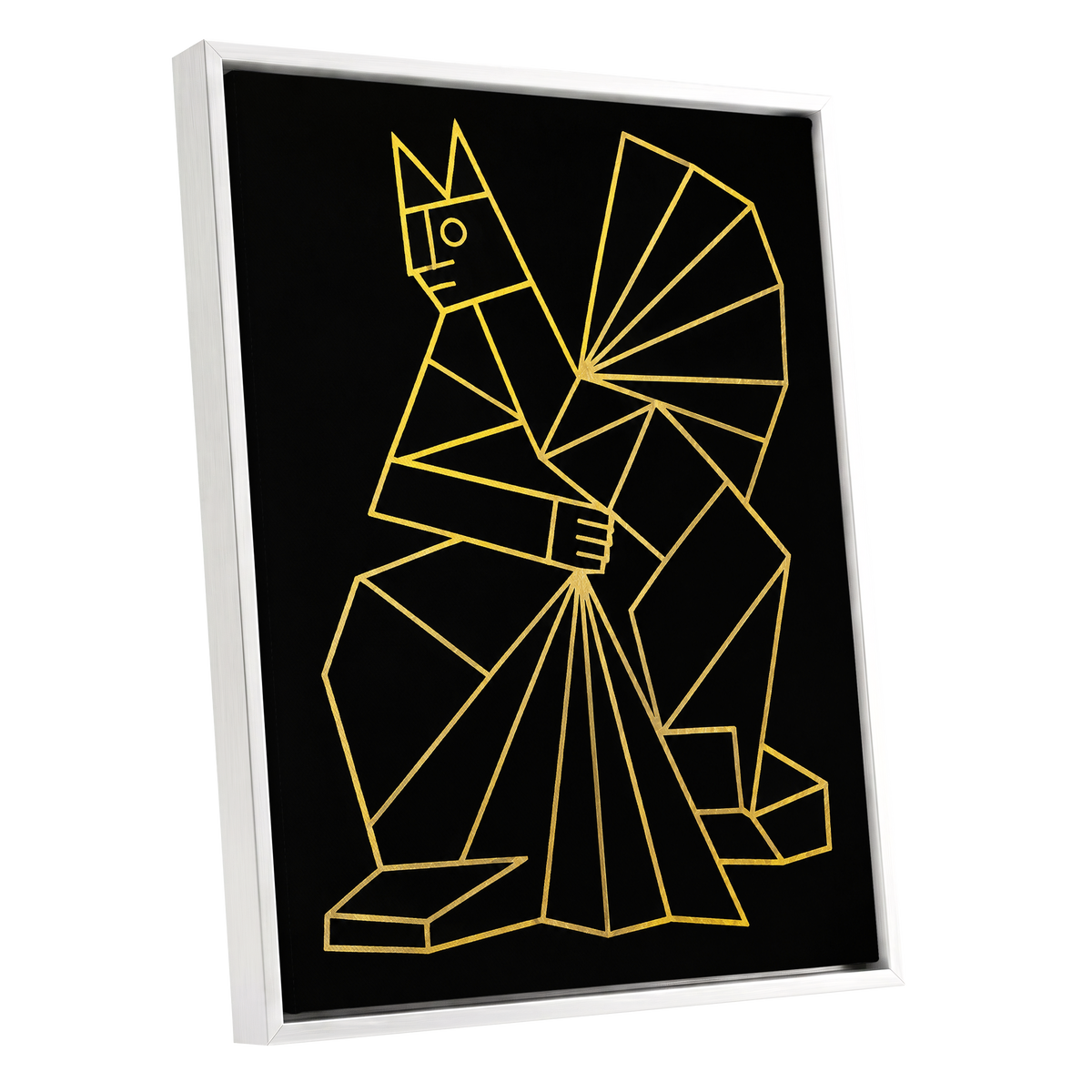 The Golden Construct, black, gold, yellow abstract wall art shown as a white framed canvas wall art