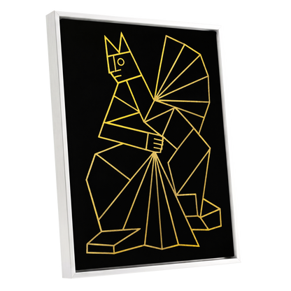 The Golden Construct, black, gold, yellow abstract wall art shown as a white framed canvas wall art