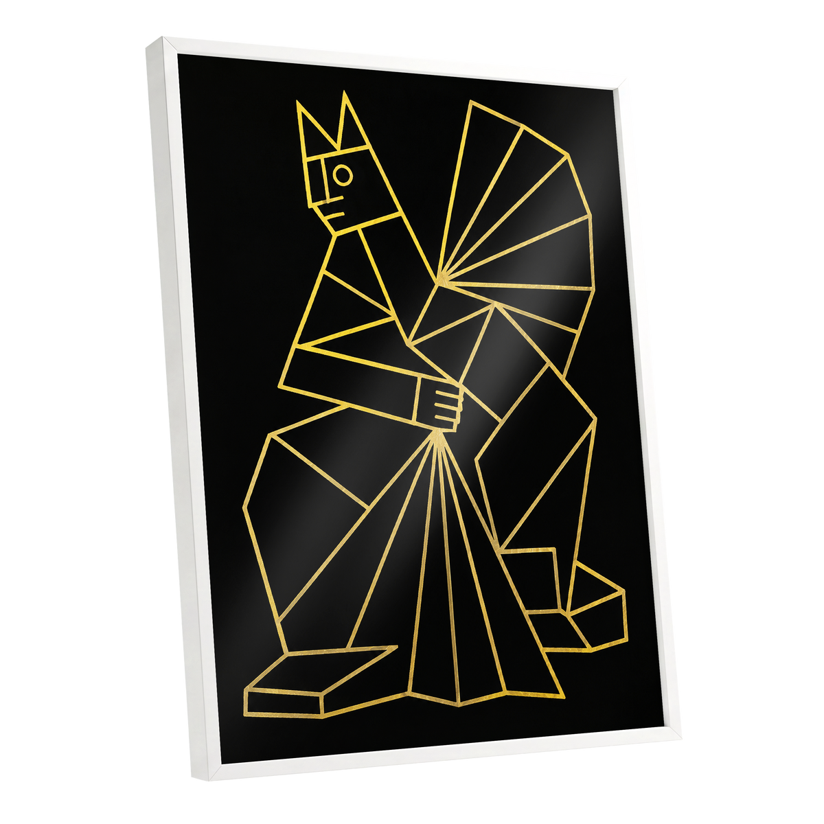 The Golden Construct, black, gold, yellow abstract wall art shown as a white framed poster wall art print