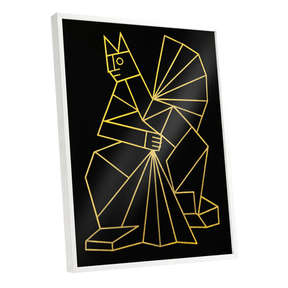 The Golden Construct, black, gold, yellow abstract wall art shown as a white framed poster wall art print