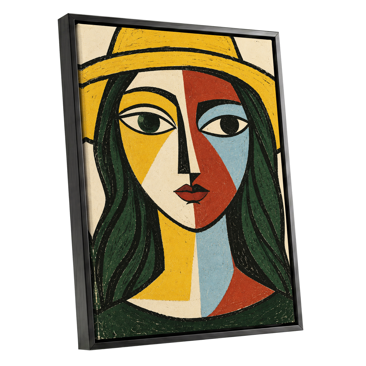 The Golden Gaze, yellow, green, black abstract wall art shown as a black framed canvas wall art