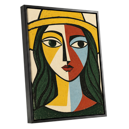 The Golden Gaze, yellow, green, black abstract wall art shown as a black framed canvas wall art