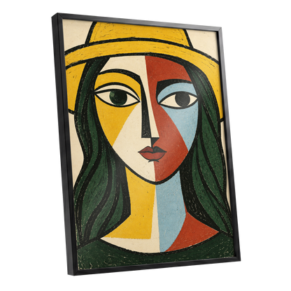 The Golden Gaze, yellow, green, black abstract wall art shown as a black framed poster wall art print