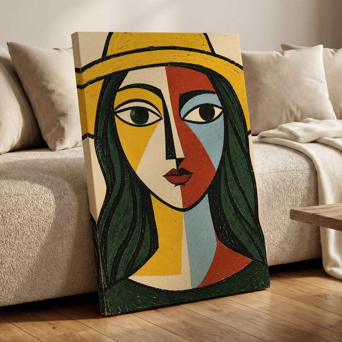 The Golden Gaze, yellow, green, black abstract wall art on canvas displayed in a styled interior, gallery view 1
