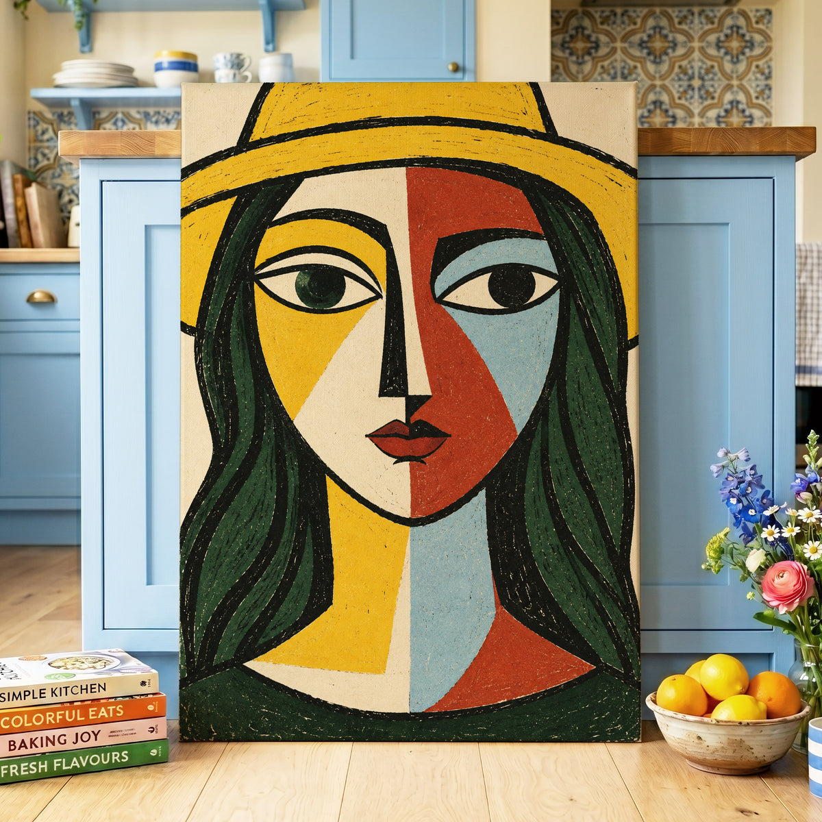 The Golden Gaze, yellow, green, black abstract wall art on canvas displayed in a styled interior, gallery view 2