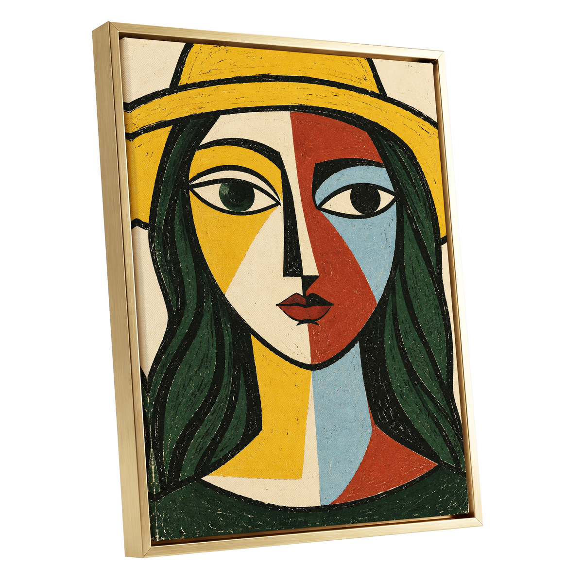 The Golden Gaze, yellow, green, black abstract wall art shown as a gold framed canvas wall art