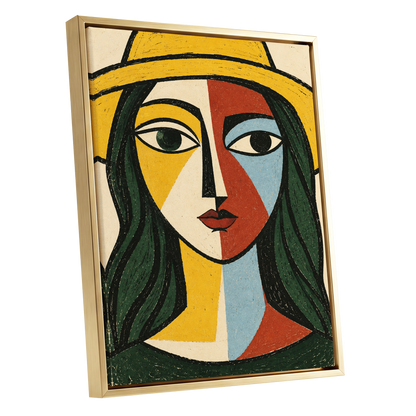 The Golden Gaze, yellow, green, black abstract wall art shown as a gold framed canvas wall art