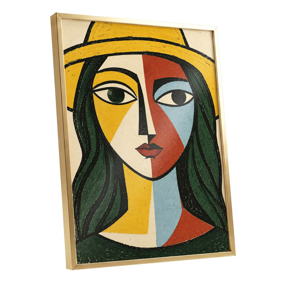 The Golden Gaze, yellow, green, black abstract wall art shown as a gold framed poster wall art print