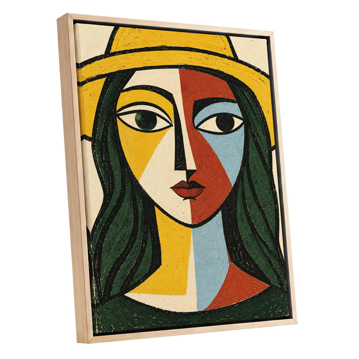 The Golden Gaze, yellow, green, black abstract wall art shown as a oak framed canvas wall art