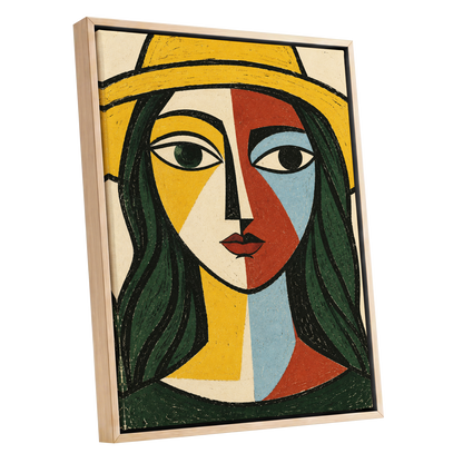 The Golden Gaze, yellow, green, black abstract wall art shown as a oak framed canvas wall art