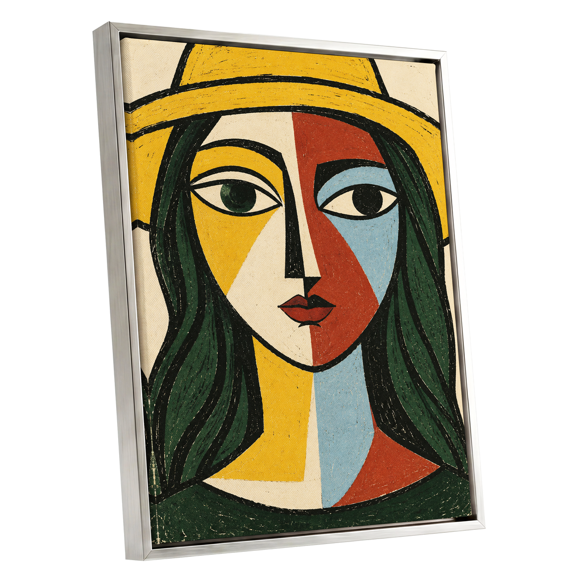 The Golden Gaze, yellow, green, black abstract wall art shown as a silver framed canvas wall art